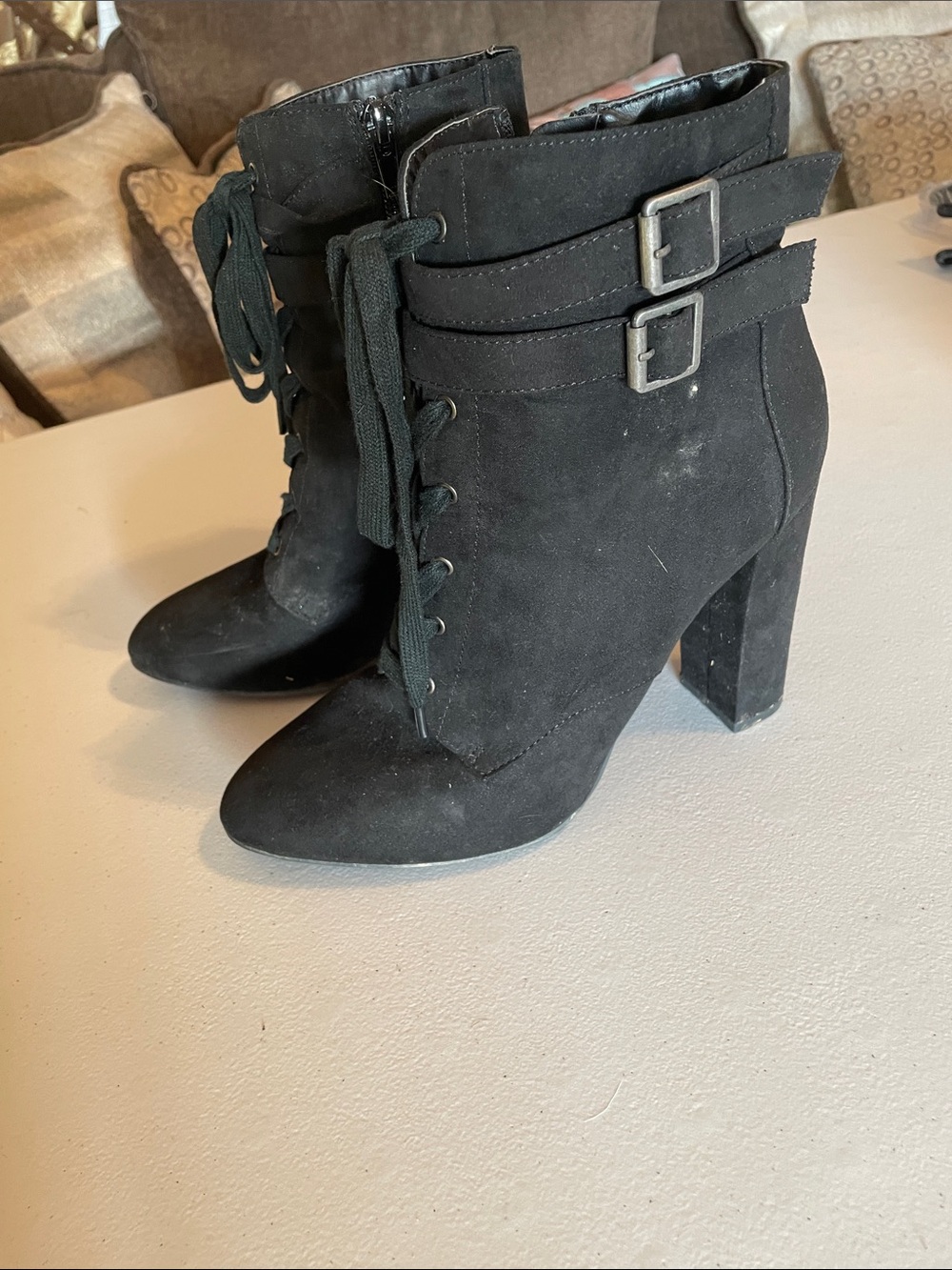 Black Suede Lace-Up Ankle Booties with Buckle Straps ( bag3)